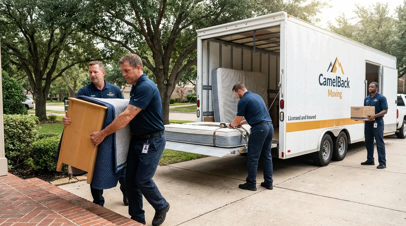 Crew loading residential truck for cross-state move from Woodville, TX