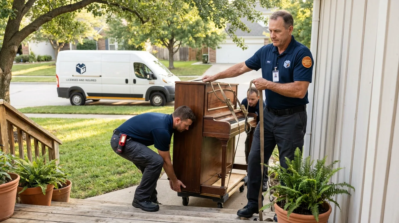 Licensed piano movers securing grand piano in Woodville, TX