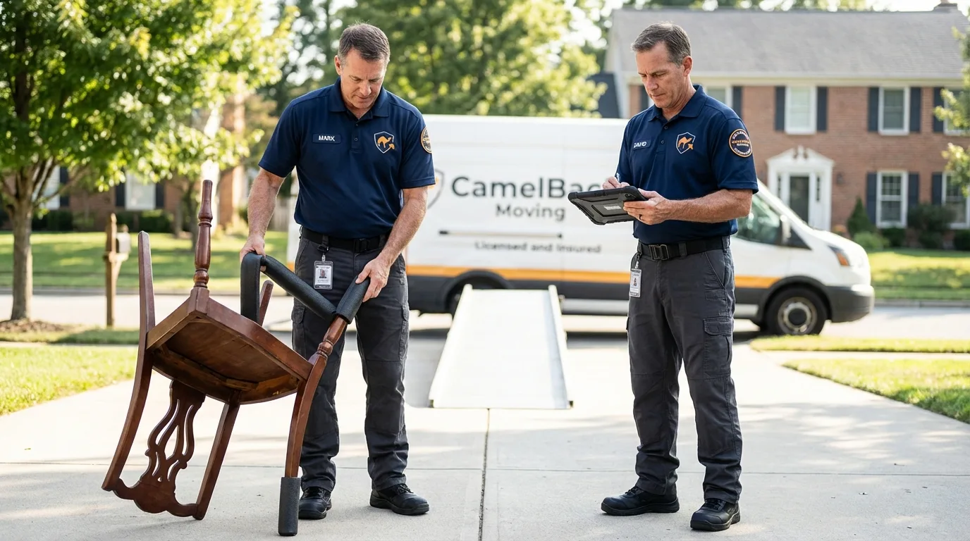 Movers inspecting furniture for damage prevention before loading in Woodville, TX