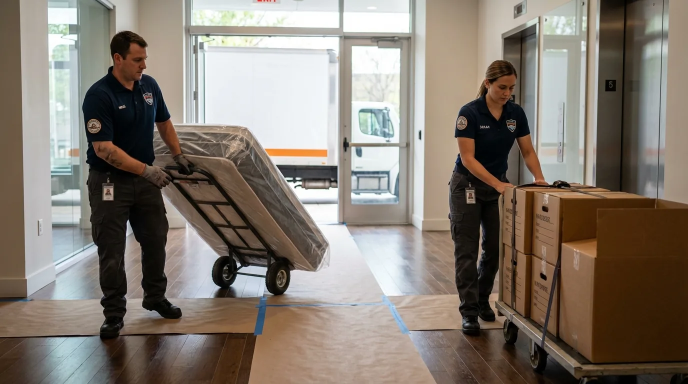 Professional apartment movers loading elevator in Woodville, TX
