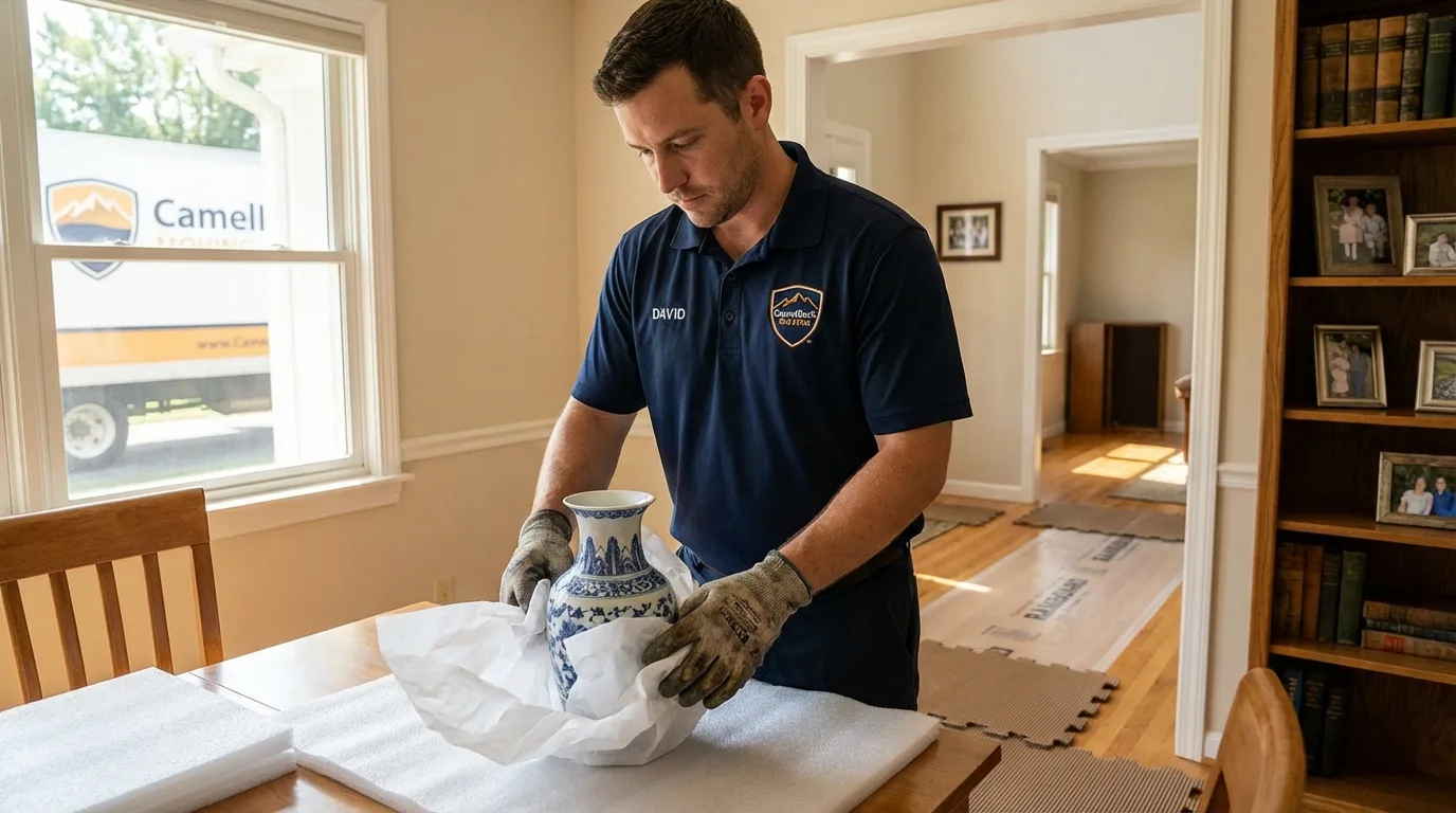 Professional crew carefully wrapping antique vase for senior downsizing move in Woodville, TX